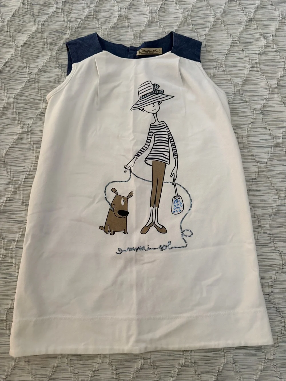 Mimi sol Girls White & Navy Graphic Shift Dress size 5-6 rhinestone dog print